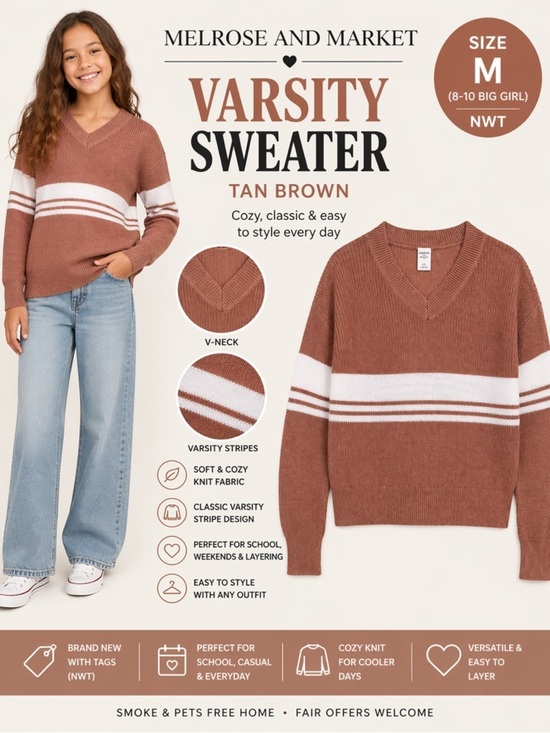 Melrose and Market Other - Melrose and Market Girls Varsity Sweater Tan Brown Stripe V Neck Size M 8 NWT
